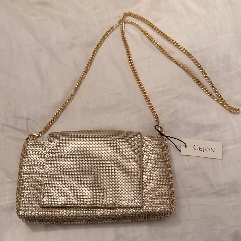 Cejon Metallic Gold Clutch with Chain Strap